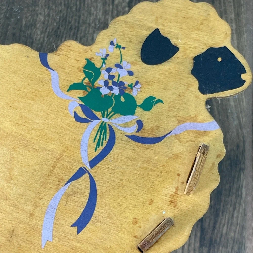 Wooden Sheep Trinket Box Holder Floral Ribbon Decoration Farmhouse Decor Cottage